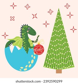Christmas card with cute dragon. Year of the Dragon 2024, China
