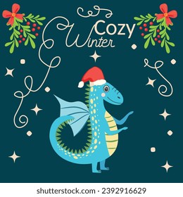Christmas card with cute dragon. Year of the Dragon 2024, China
