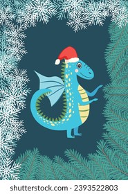 Christmas card with cute dragon. Year of the Dragon 2024, China