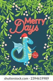 Christmas card with cute dragon. Year of the Dragon 2024, China