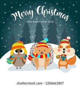 Christmas card with cute dressed animals and wishes. Flat design. Vector