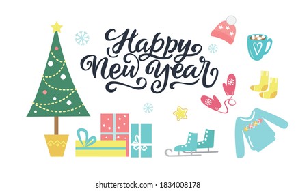 Christmas card with cute elements. Happy New Year for Happy holidays greeting card. Vector Lettering celebration logo. Typography for winter holidays. Calligraphic poster on white background.