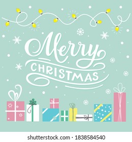 Christmas card with cute elements. Merry christmas for Happy holidays greeting card. Vector Lettering celebration logo. Typography for winter holidays.