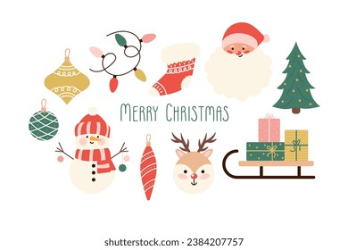 Christmas card with cute Christmas elements. Santa Claus, Christmas tree, gifts, reindeer, snowman
