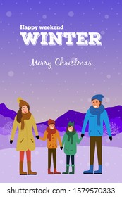 Christmas card with cute family outdoors in winter mountain landscape and snowfall. Dad, mom, son and daughter standing and holding hands. Vector concept with happy people for poster or flyer.