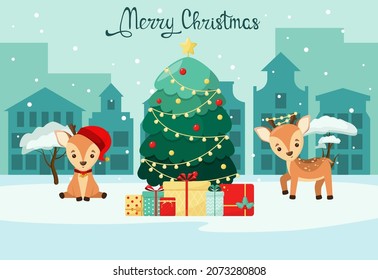 Christmas card with cute fawns and a Christmas tree.
