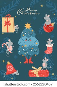 Christmas card with cute fir tree and funny mice set.Vector set with Christmas symbols and mouse characters.