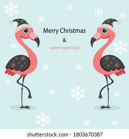 Christmas card with cute flamingo on a white background. Vector illustration. Can be used for clothing. Use for print, surface design, fashion wear. For design of card and invitation