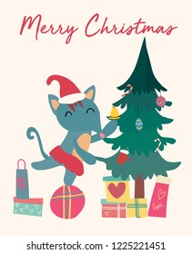 Christmas card, cute fox on gift box with tree