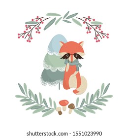 Christmas card with cute fox, christmas tree and mushrooms.