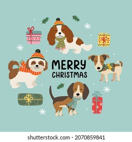 Christmas card with cute funny dogs and gifts