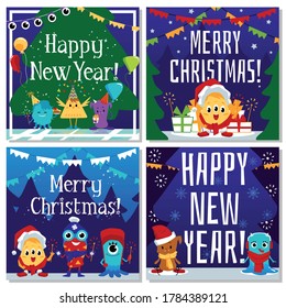 Christmas card with cute funny monsters in cartoon style set, flat vector illustration on blue background. Design for party poster or greeting postcard.