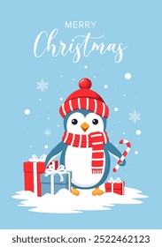 Christmas card. Cute funny penguin character with presents with and the inscription, Merry Christmas. Vector illustration design template.