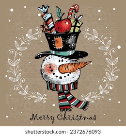 Christmas card. Cute funny snowman with gifts. Vector.