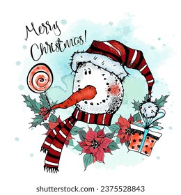 Christmas card. Cute funny snowman with gifts. Vector.