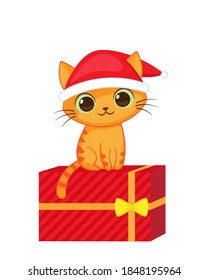 Christmas card with cute ginger cat sitting on present. Kitten in red santa hat on gift box. Merry xmas and happy new year vector illustration