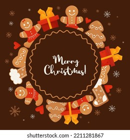 Christmas card with cute gingerbread, gifts and gingerbread man and inscription Merry Christmas. Vector illustration. Square greeting card template for design and printing of your holiday cards