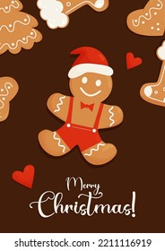 Christmas card with cute gingerbread man in santa hat and inscription Merry Christmas. Vector illustration. vertical Template for design of your holiday cards, printing and decor