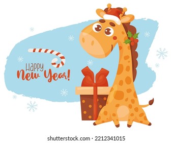 Christmas card with cute giraffe with gift box and inscription Happy New Year. Vector illustration. Template for design of your holiday cards, printing and decor, kids collection