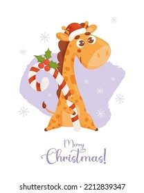 Christmas card with cute giraffe santa with caramel stick candy and inscription Merry Christmas. Vector illustration. Template for design of your holiday cards, printing and decor, kids collection.