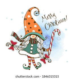 Christmas card with a cute girl Nordic gnome with a Lollipop. Watercolors and graphics. Doodle style.