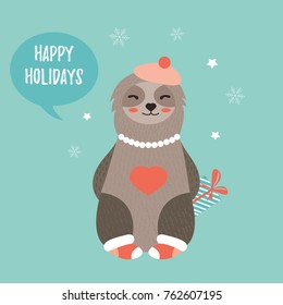 Christmas card with a cute girl sloth
