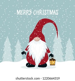 Christmas card with cute gnome. Flat design. Vector