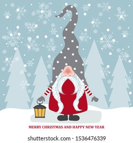 Christmas card with cute gnome. Flat design. Vector