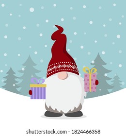 Christmas card with cute gnome holding gift boxes. Scandinavian Christmas. Flat design vector illustration.