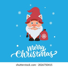 The Christmas card with cute gnome. The little gnome holding Santa bag with text is good for holiday designs, etc. Vector illustration