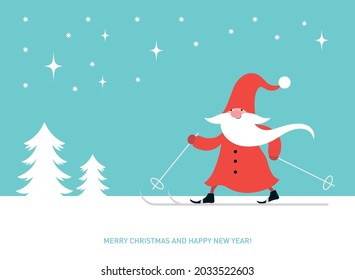 Christmas card with cute gnome ski. Happy New Year. Merry Christmas. 