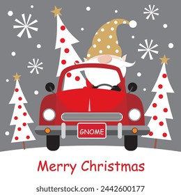 Christmas card with cute gnome and tree on the car