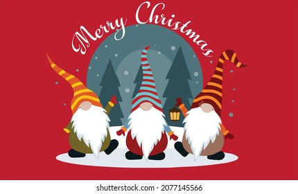 Christmas card with cute gnomes. Flat design. Vector art.