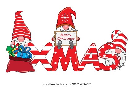 Christmas card. Cute gnomes with gift and the word xmas