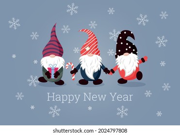 Christmas card with cute gnomes. Happy New Year and Merry Christmas card. Vector illustration