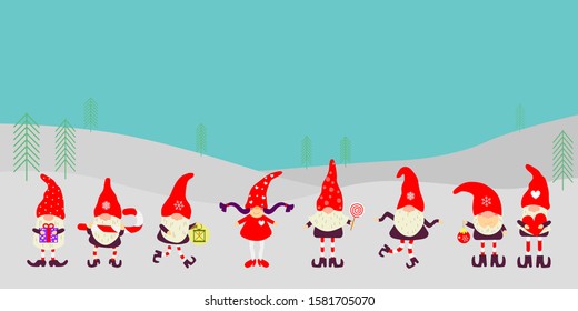 Christmas card of cute gnomes in red caps.Horizontal banner.Isolated vector illustration.