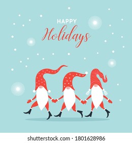 Christmas card with cute gnomes. Christmas Seasons Greeting card design. Happy New Year. Merry Christmas. 