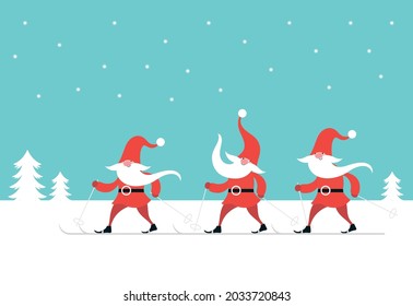 Christmas card with cute gnomes ski. Happy New Year. Merry Christmas. 