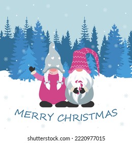 Christmas card with cute gnomes. Vector illustration.