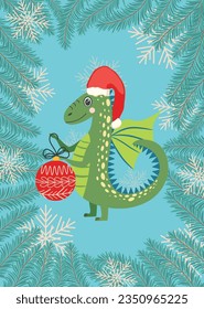 Christmas card with cute green dragon. Year of the Dragon 2024, China.