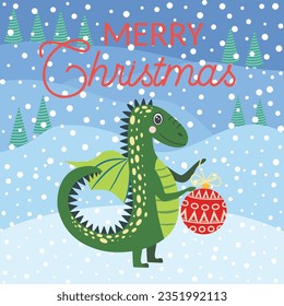 Christmas card with cute green dragon. Year of the Dragon 2024, China.