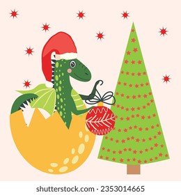 Christmas card with cute green dragon. Year of the Dragon 2024, China.