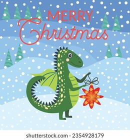 Christmas card with cute green dragon. Year of the Dragon 2024, China.