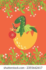 Christmas card with cute green dragon. Year of the Dragon 2024, China.