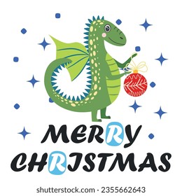 Christmas card with cute green dragon. Year of the Dragon 2024, China.