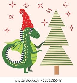 Christmas card with cute green dragon. Year of the Dragon 2024, China.