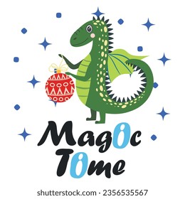 Christmas card with cute green dragon. Year of the Dragon 2024, China.