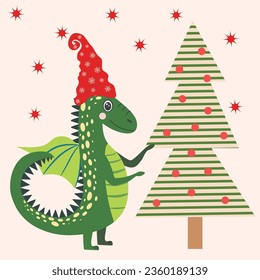 Christmas card with cute green dragon. Year of the Dragon 2024, China.