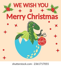 Christmas card with cute green dragon. Year of the Dragon 2024, China.