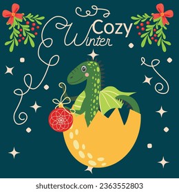 Christmas card with cute green dragon. Year of the Dragon 2024, China.